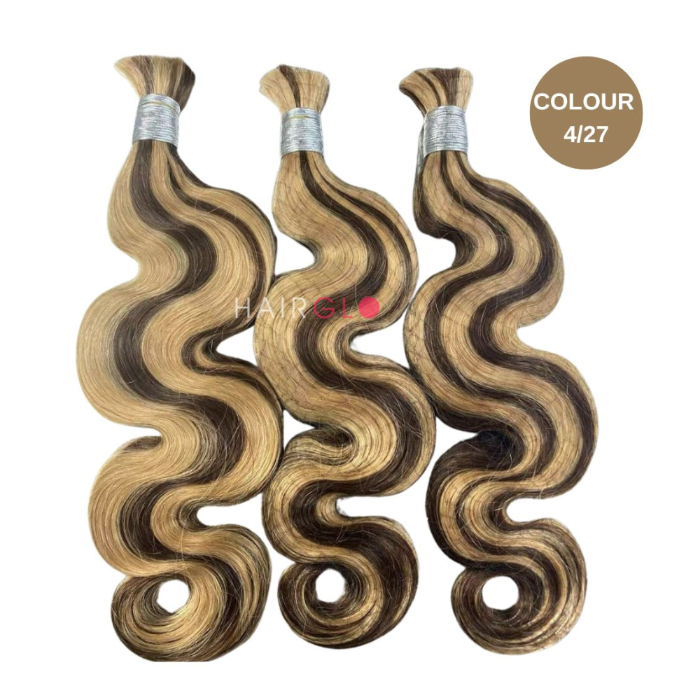 HAIRGLO body wave human hair bulk for boho braids and goddess braids, soft wavy human hair for braiding, bohemian and protective braid styles in colour 4/27