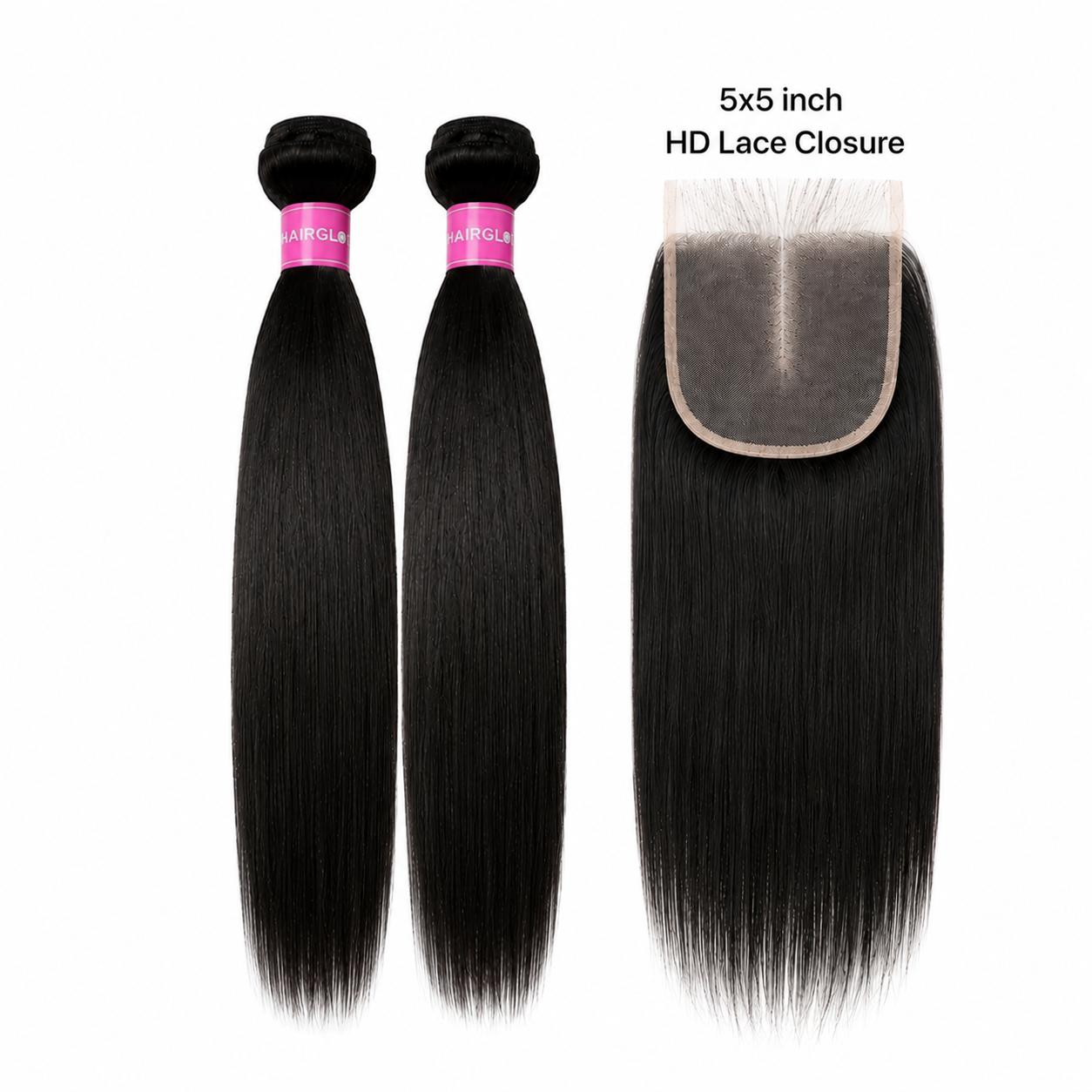2 Bundles & Closure Set | 2 x 14" Straight Virgin Hair Bundles & 14" HD Lace 5x5 Closure | HAIRGLO