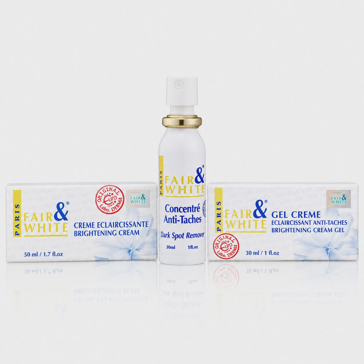 Fair & White Original Skin Care Trio: Brightening Cream 50ml, Brightening Gel Creme 30ml and Dark Spot Remover 30ml