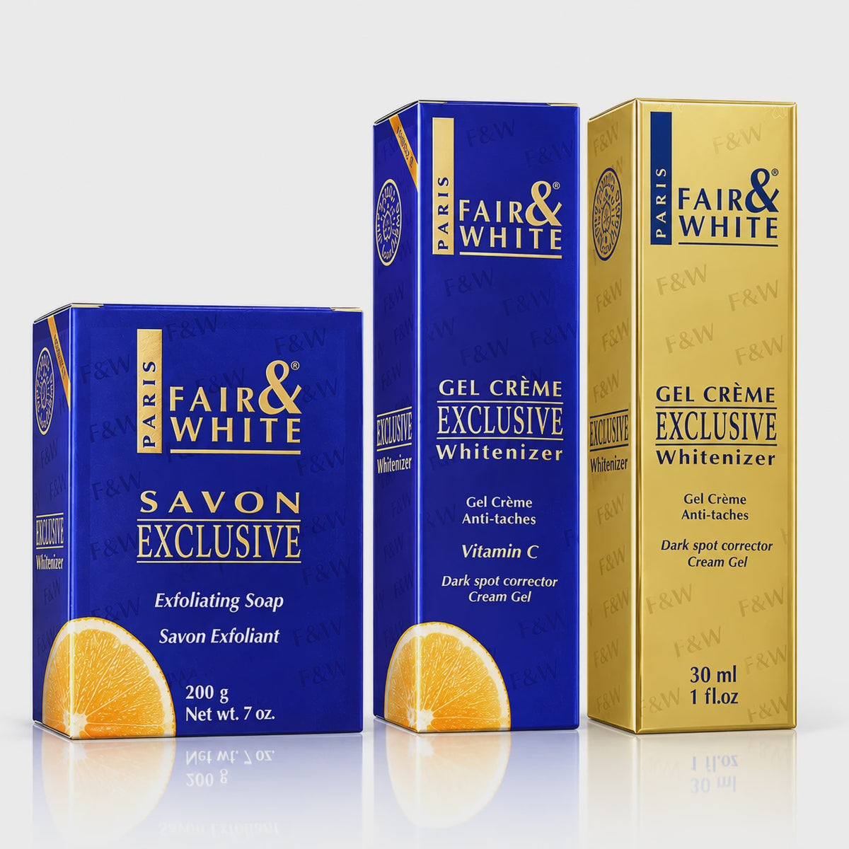 Fair & White Exclusive Vitamin C Trio: Gold Gel Creme 30ml, Vitamin C Cream Tube 50ml and Exfoliating Soap with Vitamin C 200g