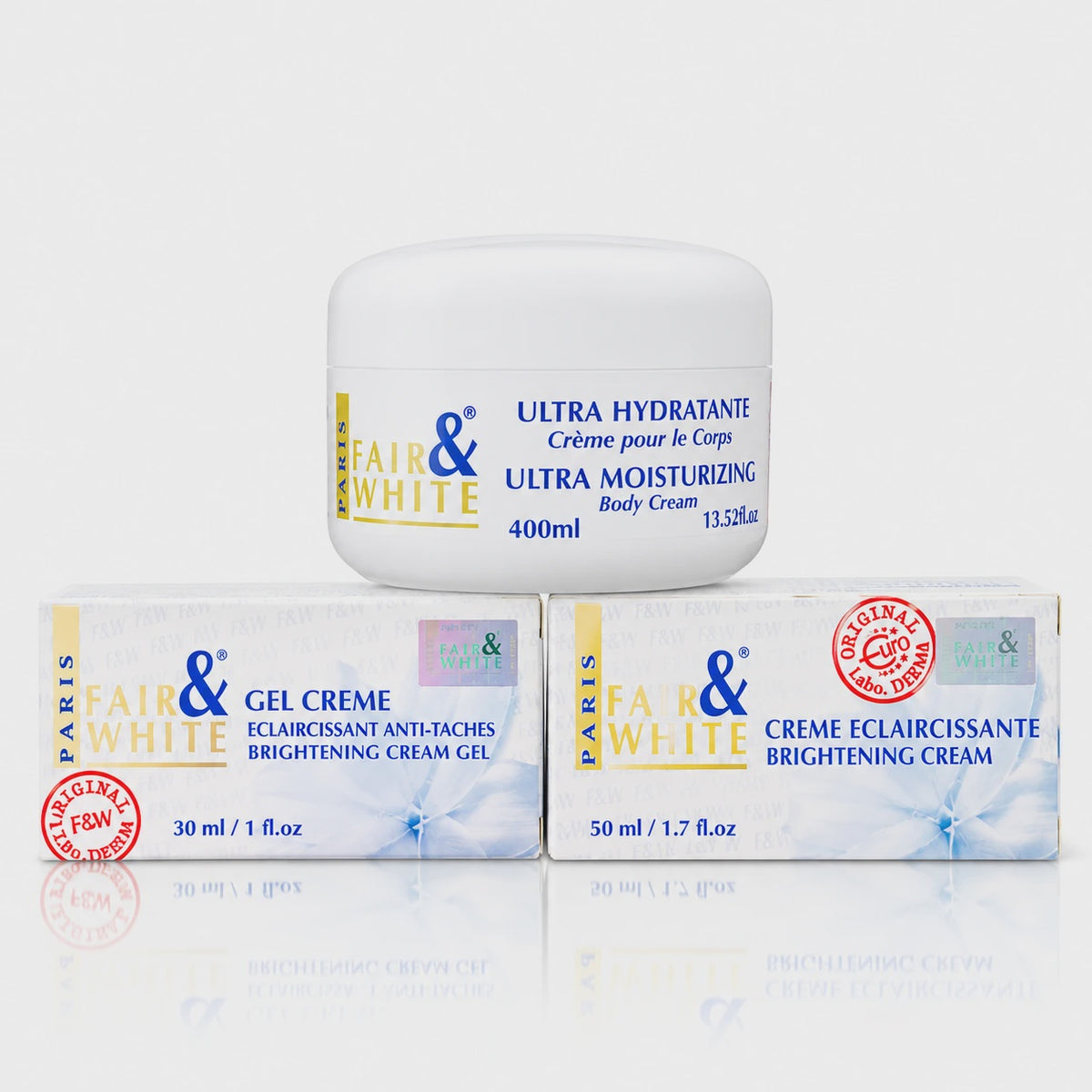 Fair & White Original Moisture Trio: Ultra Moisturizing Cream 400ml, Brightening Cream 50ml and Brightening Gel Creme 30ml