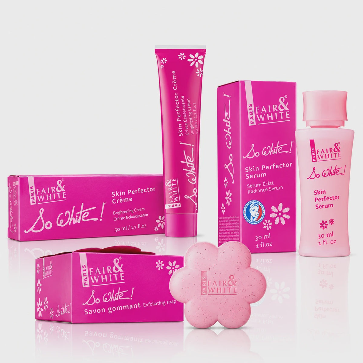 Fair & White So White Face Trio: Skin Perfector Brightening Creme 50ml, Skin Perfector Serum and Exfoliating Soap 200g