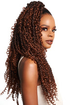 Urban Braid Aruba Twist Curl pre-looped crochet hair styled in a tied-up protective hairstyle showing defined twist curls for natural afro and curly hair