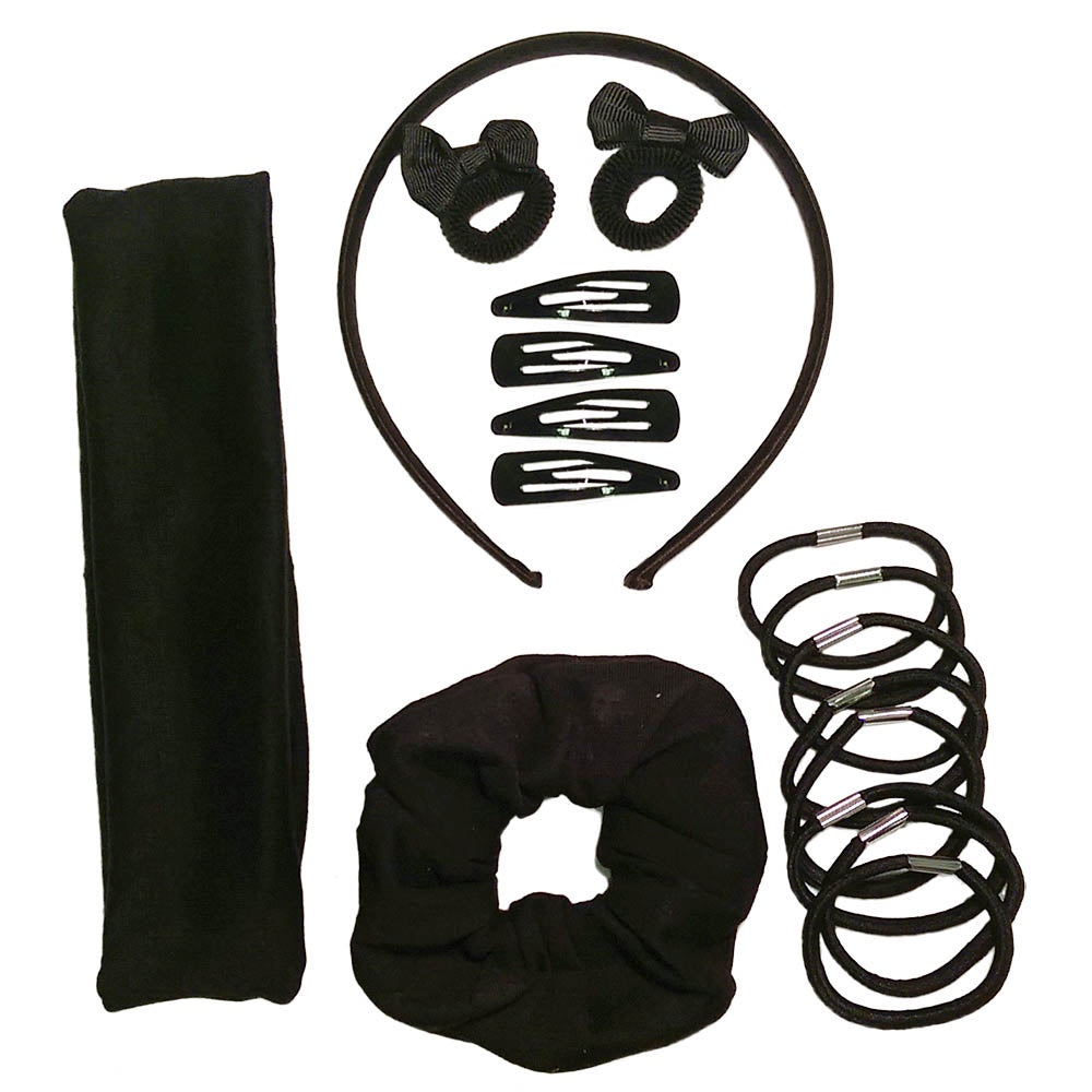 Back to School Clips Black Scrunchie, Clips & Hair Band Set