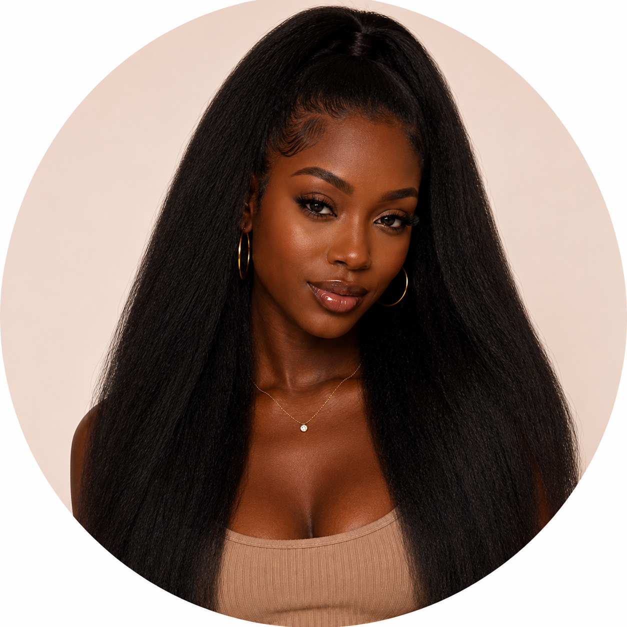 Woman with long, straight black weave human hair on a beige background
